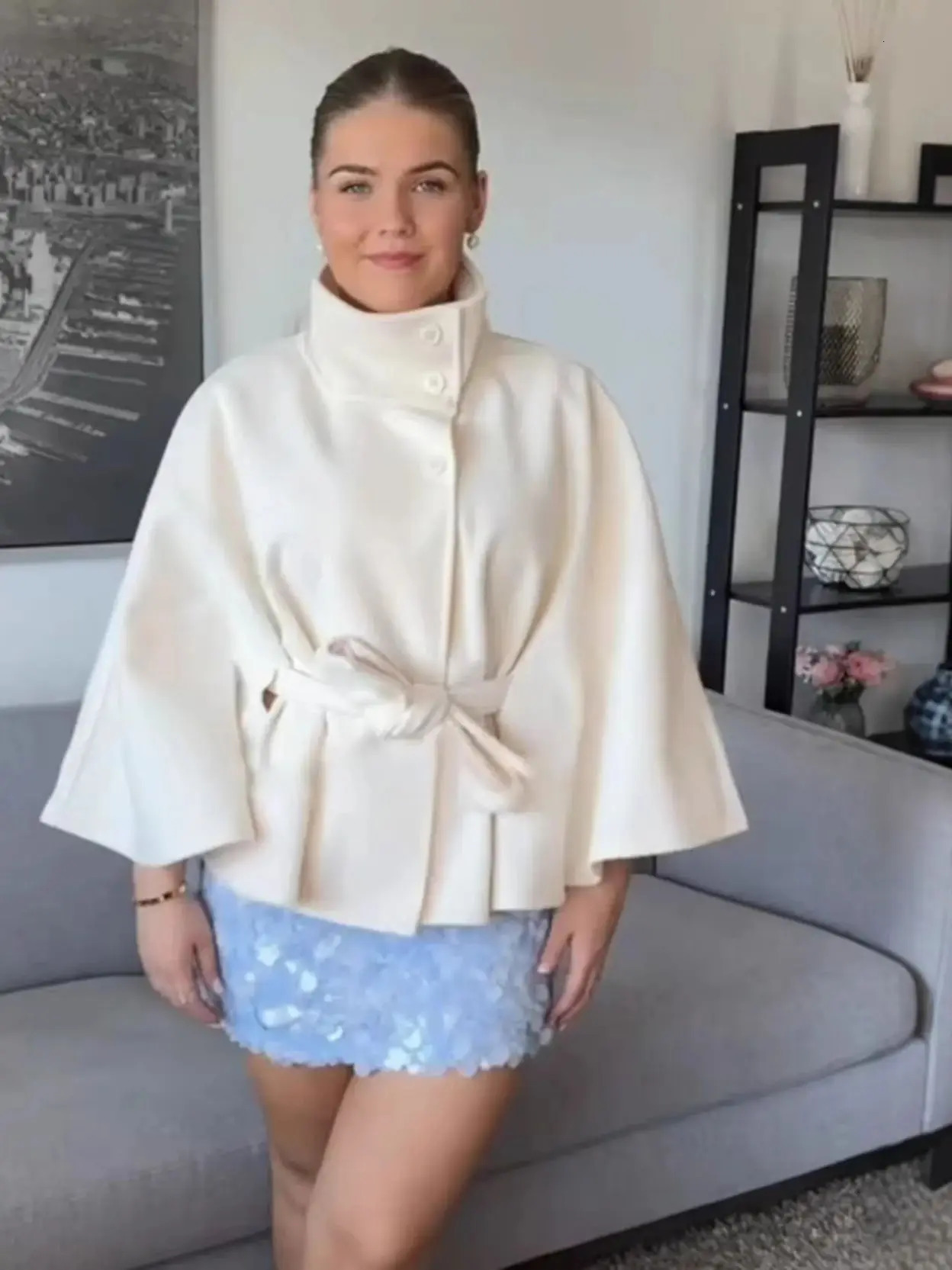 2026 Lace Up High Neck Jackets For Women Belt Faux Wool Blends Cape Coats Autumn Winter Warm Elegant Cloak Coat Ladies 251021