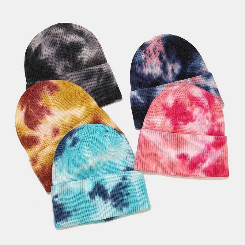 New Tie Dyed Knitted Hat Womens Autumn and Winter Outdoor Warm Hat Core Spun Yarn Crimped Wool Hat H251020