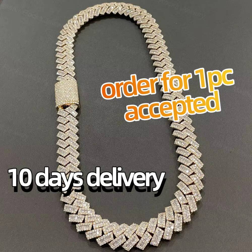 15mm Baguette Moissanite Cuban Iced Out 925 Silver Hiphop Men VVS Diamond Moissanite Cuban Link Chain