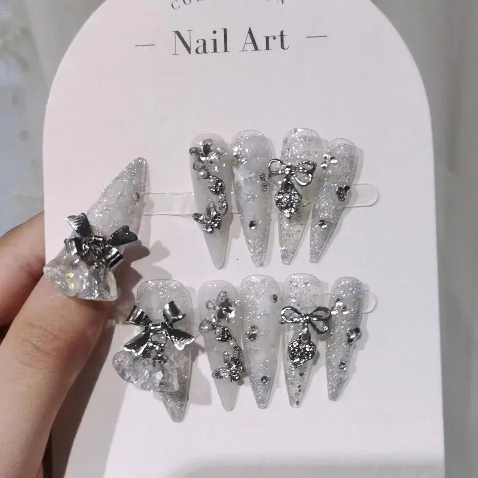 Glitter Handmade Nails Broken Diamond Gradient Fake Nails Snowflakes Nail Art Patches Bowknot Bells Christmas Nail 251014