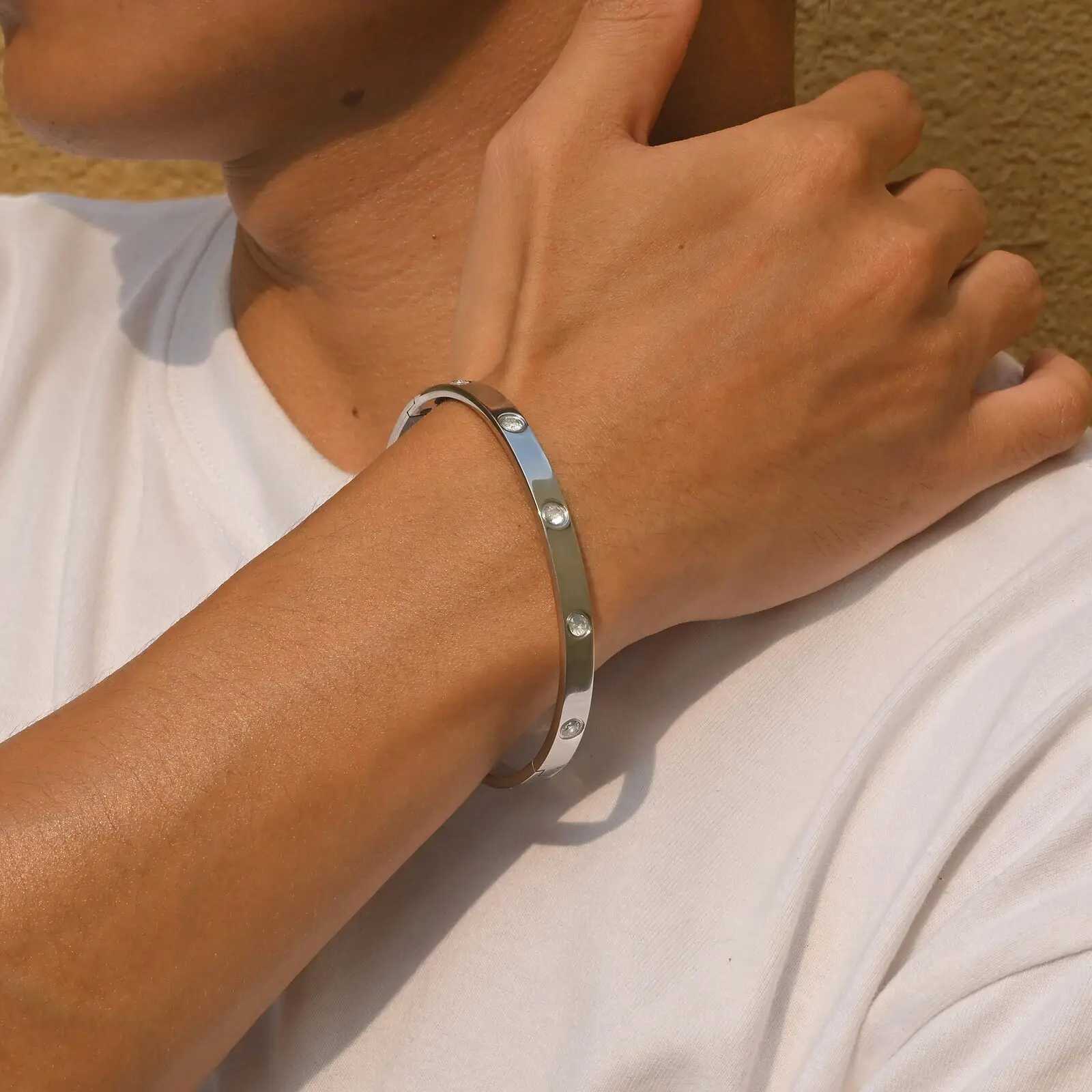 Stylish Mens BanglesWateproof Silver Color Stainless Steel Bangle BraceletAnniversary Valentines Day Birthday Gift J251021