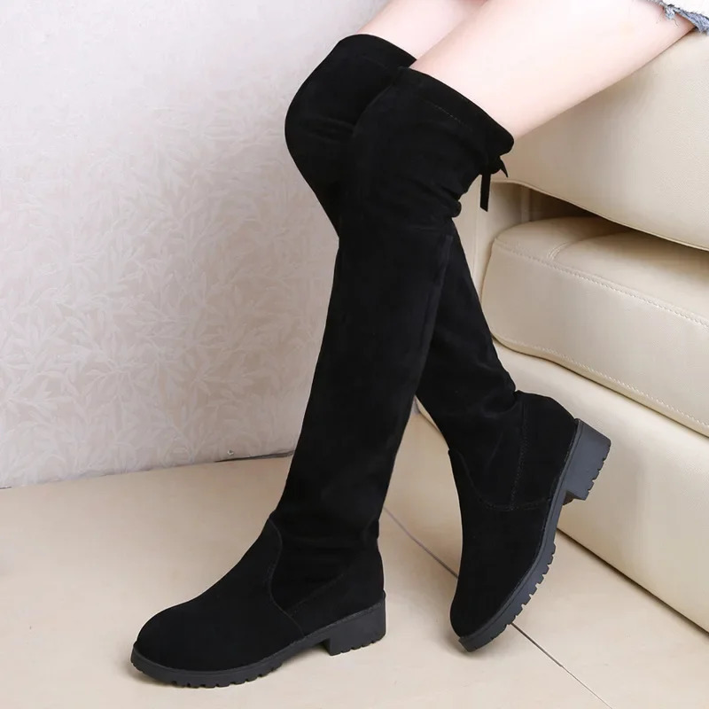 2025 Faux Suede Female Heels Autumn Winter Elastic Kneehigh Boots for Women Tube Laceup Thigh Boots Black Botas 251021