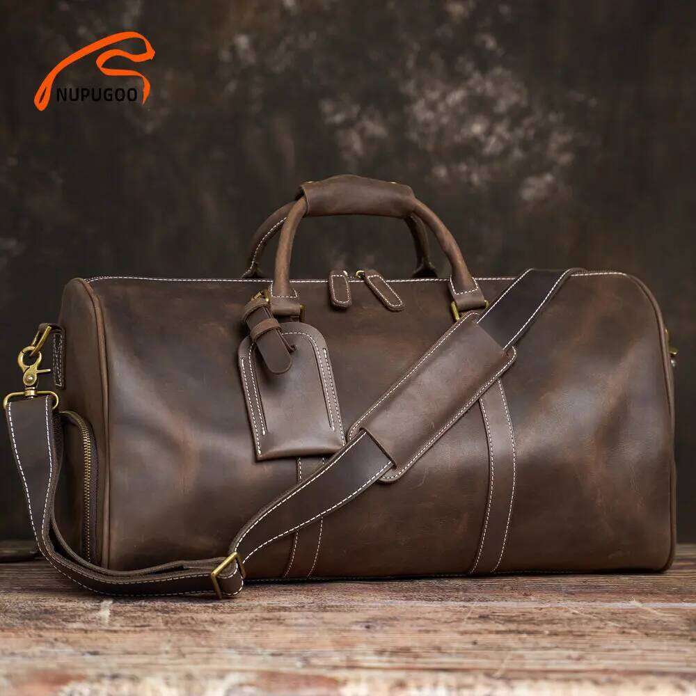 Vintage Men's Travel Genuine Leather Hand Lage Boston Bag Duffle Large Capacity Shoulder For 16 Inch Laptop NUPUGOO