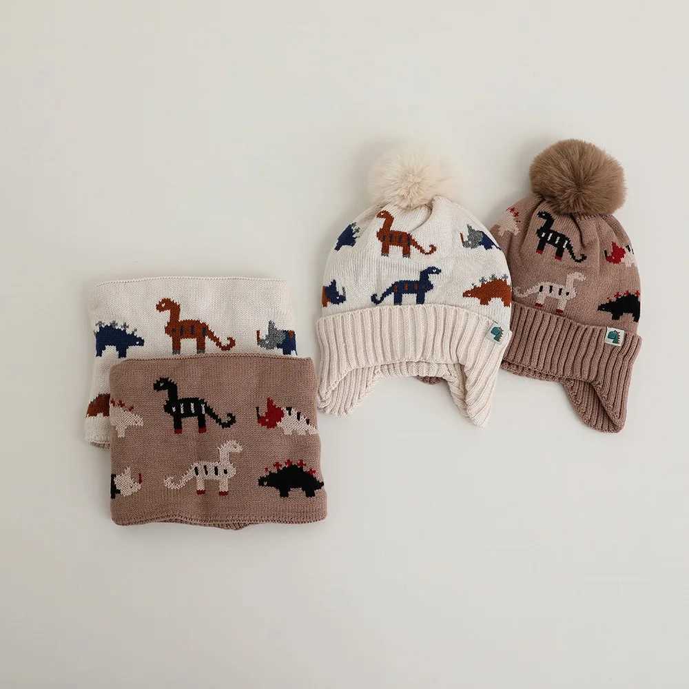 2pc312Y Childrens Little Dinosaur Knitted Cap Childrens Warm earprotecting hat Scarf Set autumn and winter hat J251021