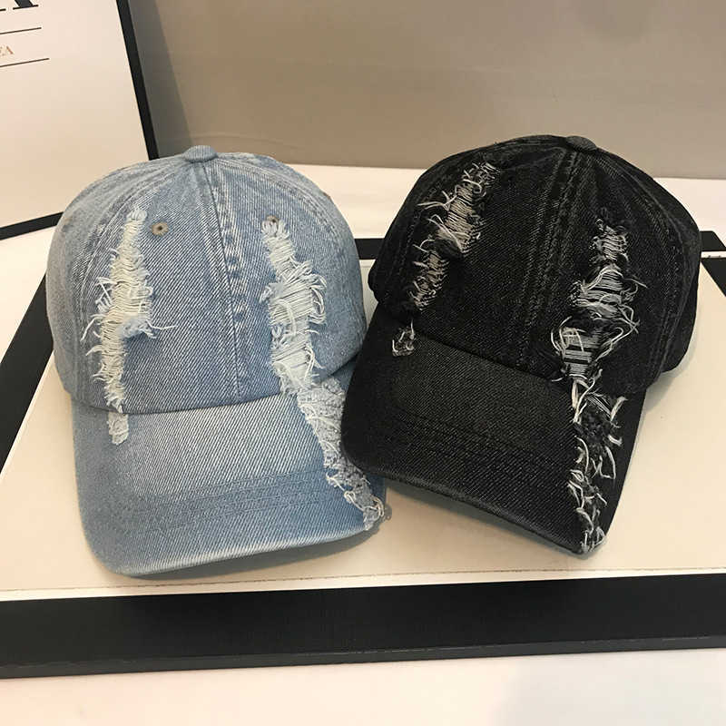 Style Hat for Men and Women Spring and Summer All Seasons Baseball Cap Denim Distressed Fashionable Versatile Street Style Pure Cotton Duckbill Cap H2