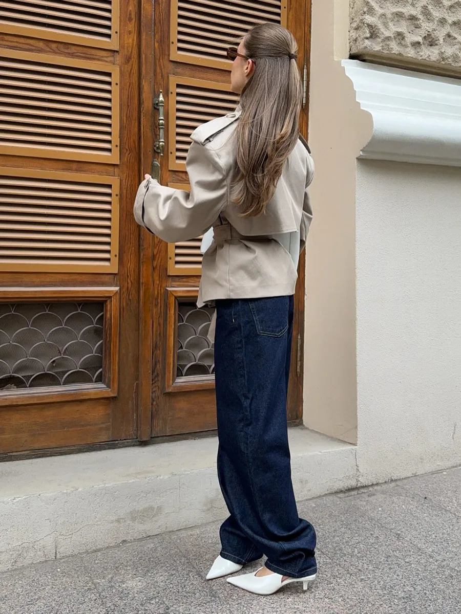 Zekye Womens Oversized DoubleBreasted Trench Coat Belted Short Length Outerwear with Wide Lapel Shoulder Details Traf 251021