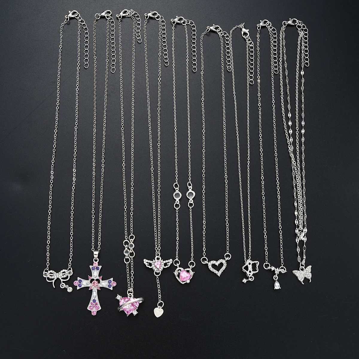 9 Pcs Womens Elegant Zircon Pendant Necklace Set Fashion Pink Color Cross Butterfly Heart Bowknot Necklaces Party Jewelry Gift XJ250717
