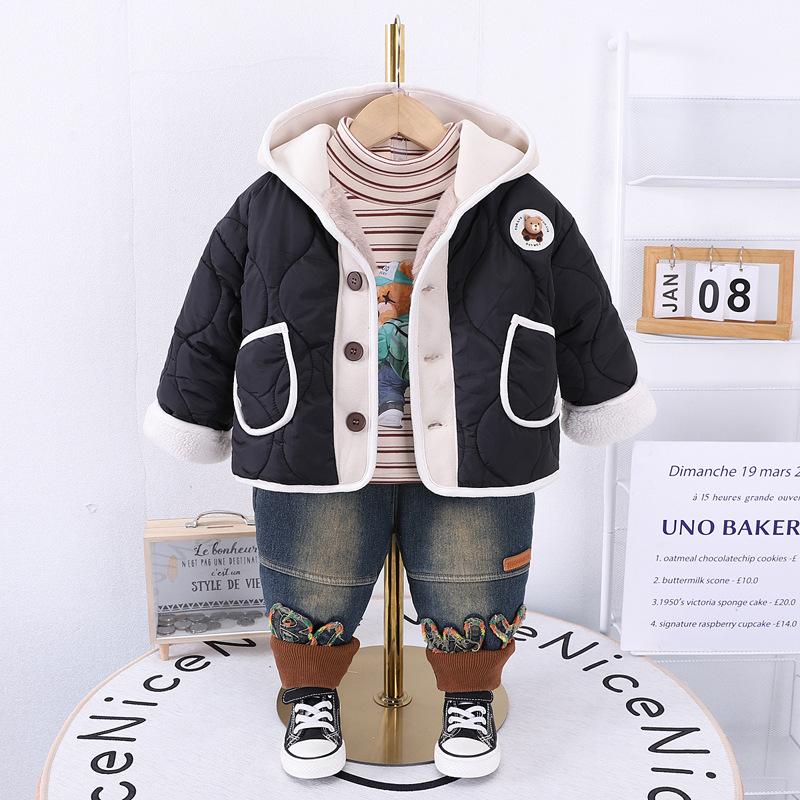 Winter Warm 2025 New Kids 3-Piece Fleece-Lined Set, Thermal Padded Cotton Outfit for Boys and Girls, Cute Winter Clothing for Babies and Toddlers