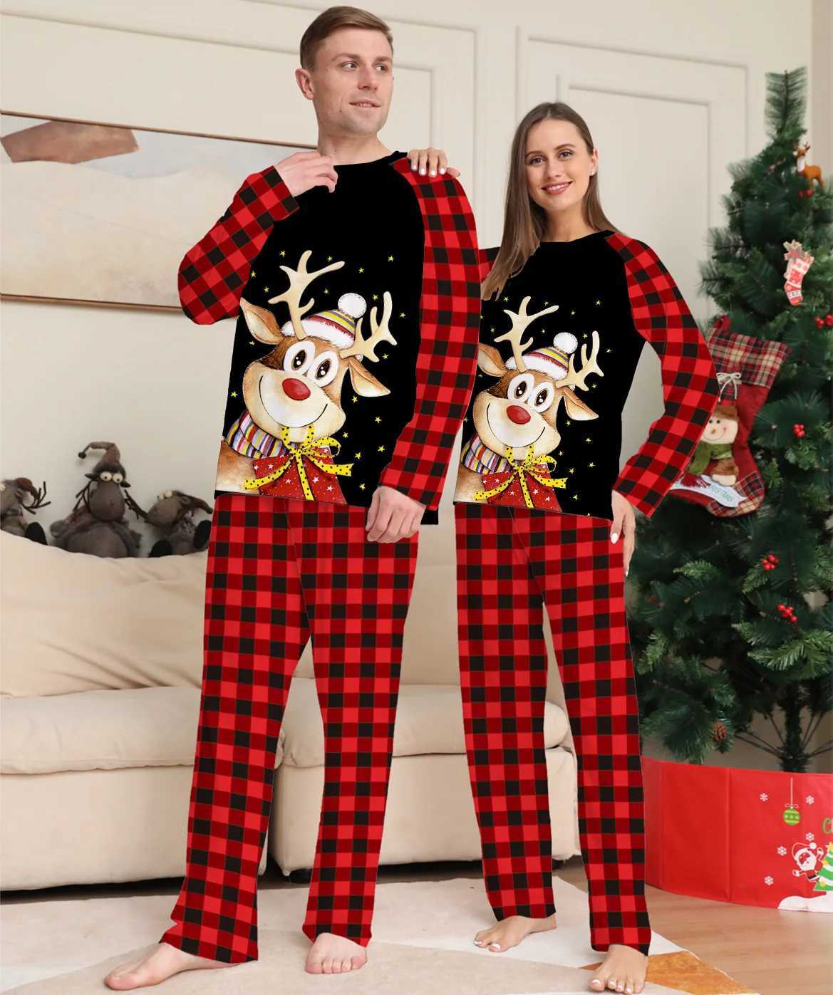 2025 European and American New Cartoon Fawn Plaid Christmas Parentchild Wear Printed Loungewear Pajamas Adult Kids Homewear Set L251021GW5N