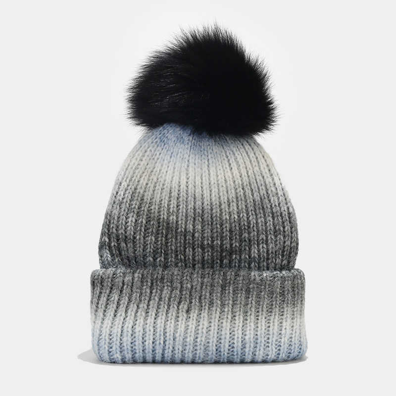 New Style Fox Fur Ball Knitted Hat Womens Fashion Colorblock Wool Hat Autumn Winter Outdoor Warm Hat Trendy H251020