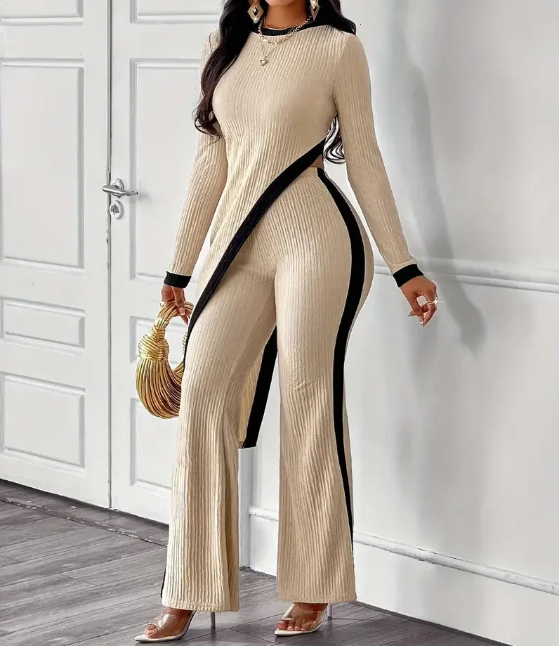 Elegant womens tight fitting asymmetrical hem pants top set for women 251021