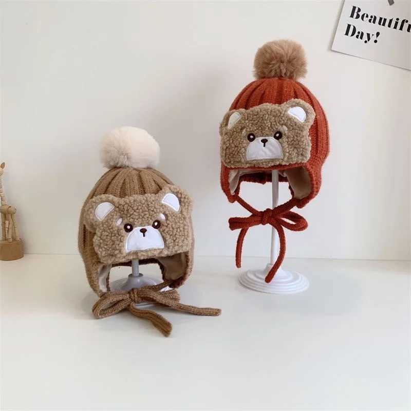 Warm Big Pompom Baby Winter Warm Hat Windproof Soft and Breathable Cartoon Bear Thick Ear Protection Cap Woolen Yarn J251021