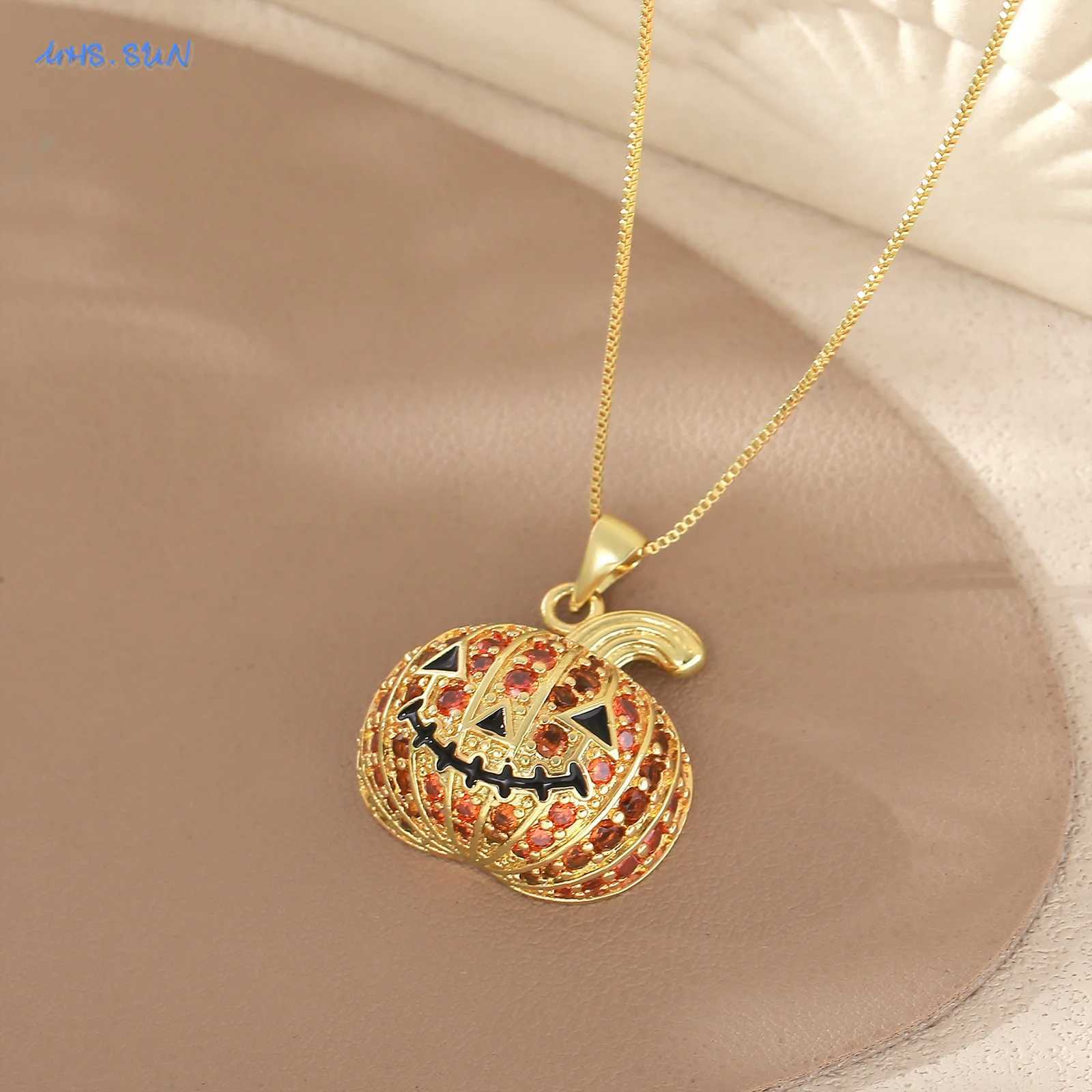 Sunsl Halloween Drip Oil Pumpkin Pendant Necklaces Hip-Hop Cubic Zircon Gold Plated Chain Exquisite Jewelry for Women Men XJ250717