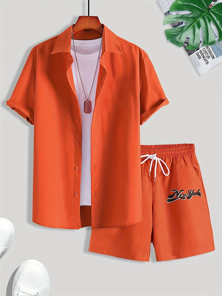 Simple Solid Color Mens Hawaiian Shirt Summer Trend Short Sleeve Shorts 2 Piece Daily Casual Shorts Top Suit Fashion Oversized 251021