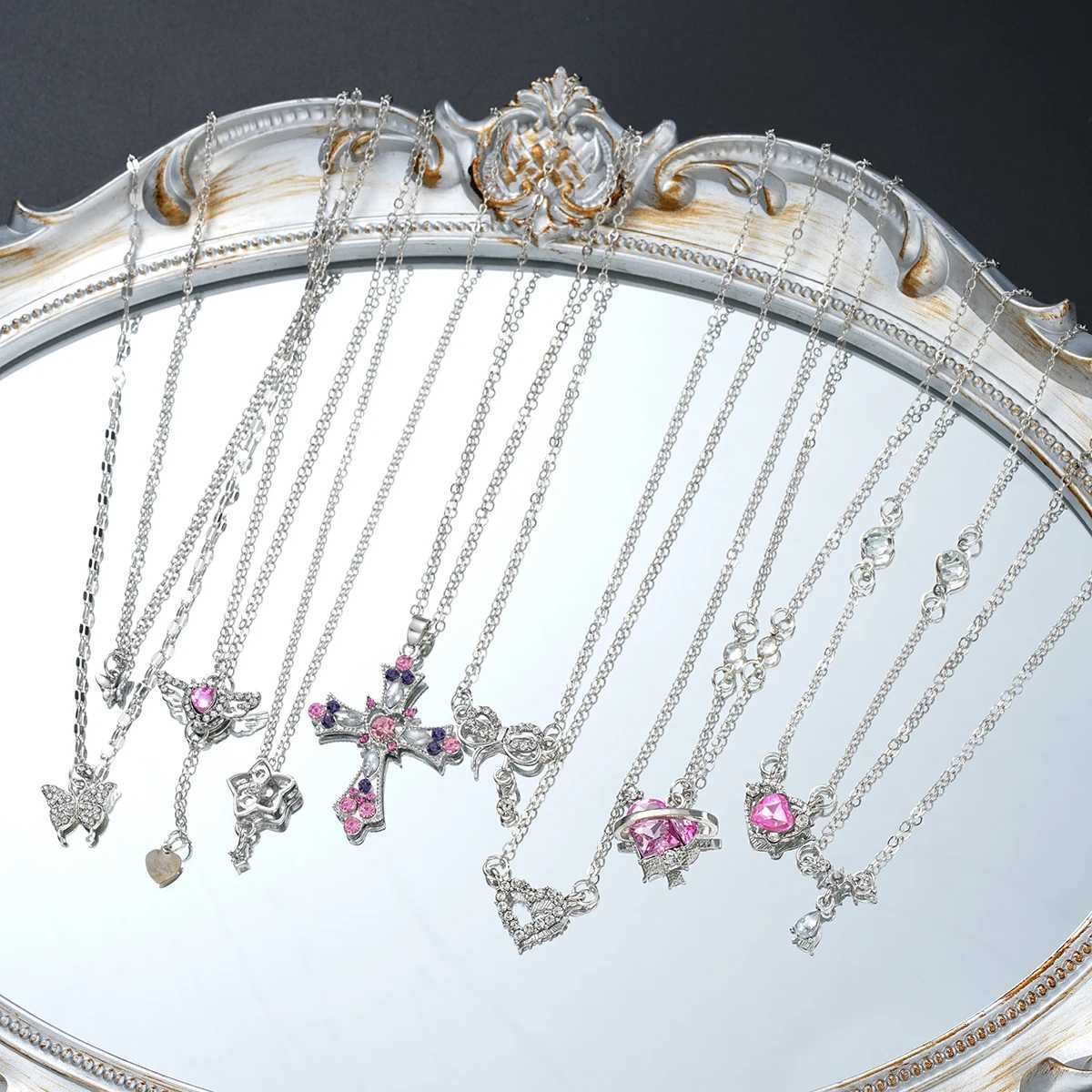 9 Pcs Womens Elegant Zircon Pendant Necklace Set Fashion Pink Color Cross Butterfly Heart Bowknot Necklaces Party Jewelry Gift XJ250717