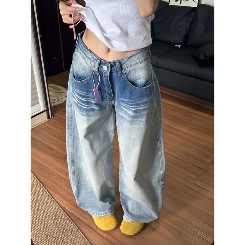 Vintage Embroidered Jeans Women American Retro Low Rise Wide Leg Pants Y2K Scimitar Pocket Denim Fall Loose Fit Strai 251020