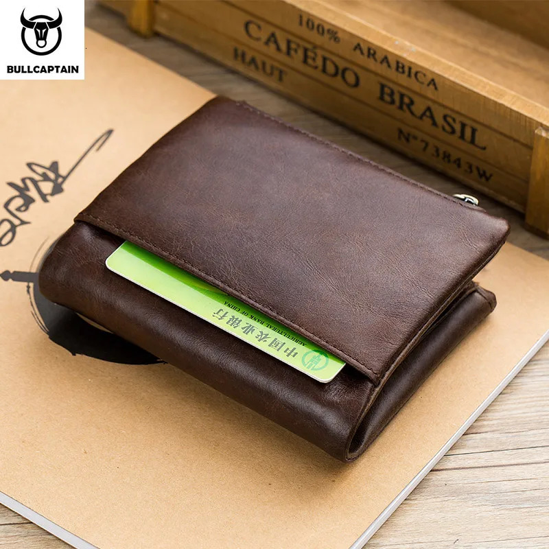 BULLCAPTAIN Genuine Leather RFID Men Wallet Credit Business Card Holders Double Zipper Cowhide Leather Wallet Purse Carteira 021 251013