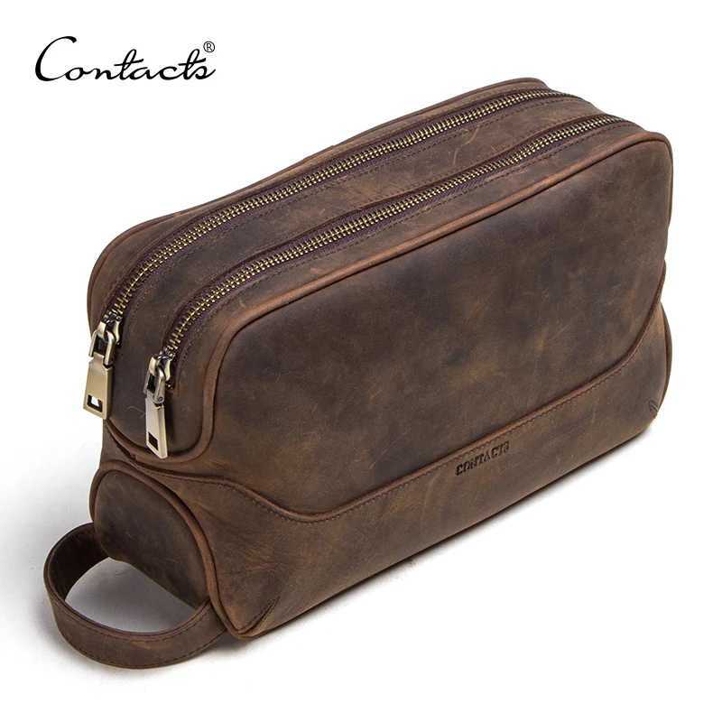 CONTACTS crazy horse genuine leather mens cosmetic bag male toiletry bag vintage wash bags mans make up bags travel organizerW251021