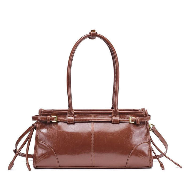 Women's shoulder crossbody bag retro large capacity Boston baguette toe layer oil wax leather motorcycle bags