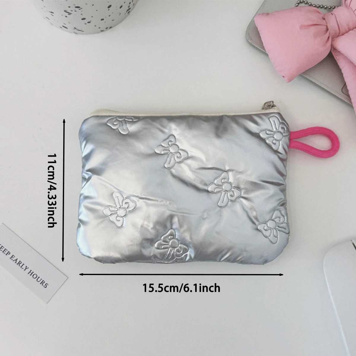 Silver Lingge Bow Pattern Coin Purses Small Canvas Coin Wallet Lady Girls Earphone Coin Key Money Storage Bag Zipper PouchW251021