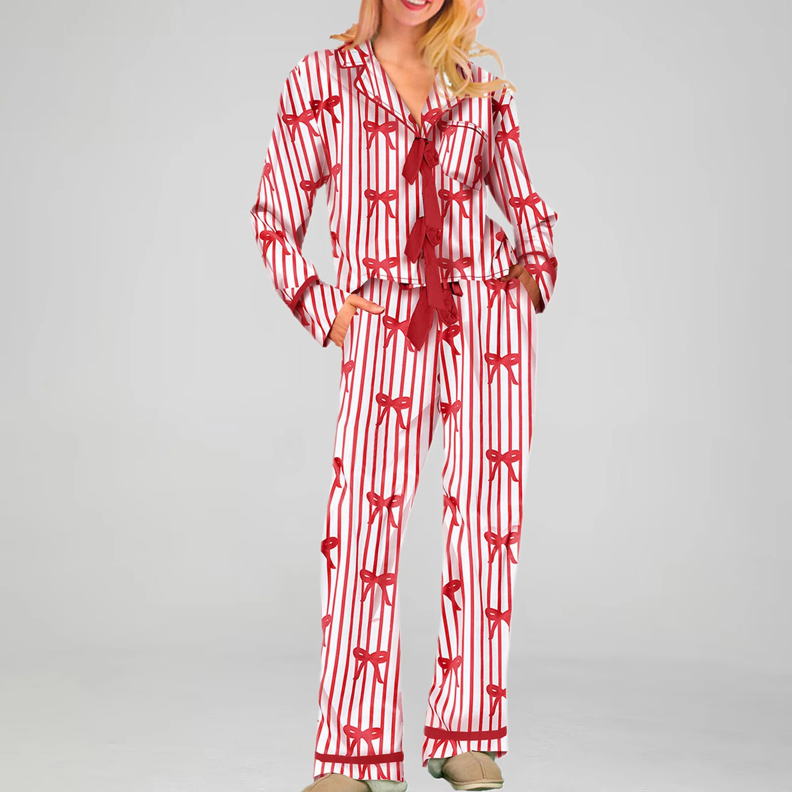 Mommy and Me Matching 2Piece BowHeart Print Pajamas Set Tie Front Long Sleeve Lapel Neck Tops Pants Family Matching Sleepwear 251021