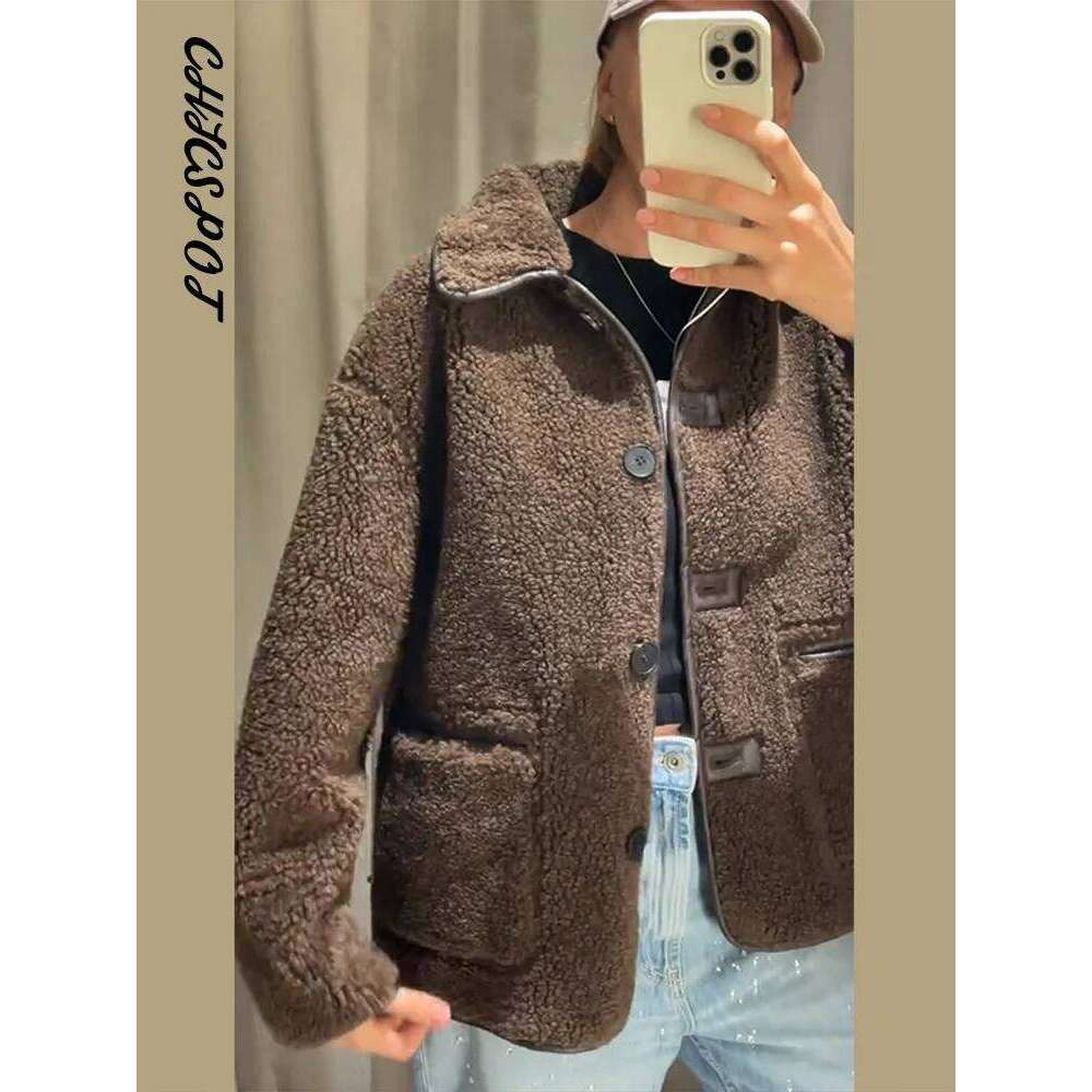 Women's Bomber Jacket Lapel Single Breasted Faux Fur Leather Reversible Winter Coat Fashion Lady Pocket Designer Loose Outerwear
