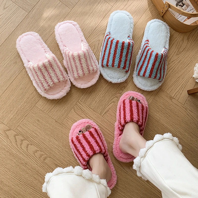 Korean Striped Fluffy Slippers Women 2025 Indoor Non Slip Open Toe Home Slides Woman Comfy Soft Sole Warm Cotton Slippers Female 251021