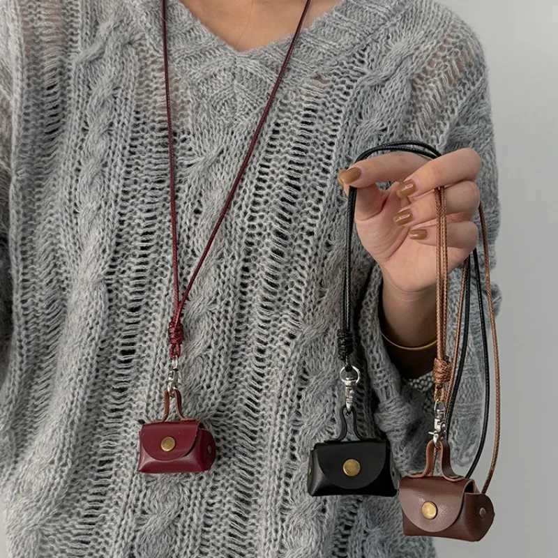 Mini and Compact Leather Hanging Neck Coin Purse Necklace Niche Design Headphone Bag Long Sweater Chain Accessory Women W251021