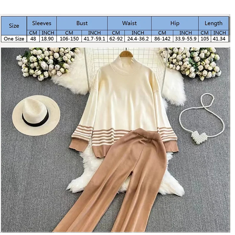 Casual Knitted Loose Long Sleeved Contrasting Top High Waist Slimming Wide Leg Pants Women Suit Autumn Winter In Sets 251021