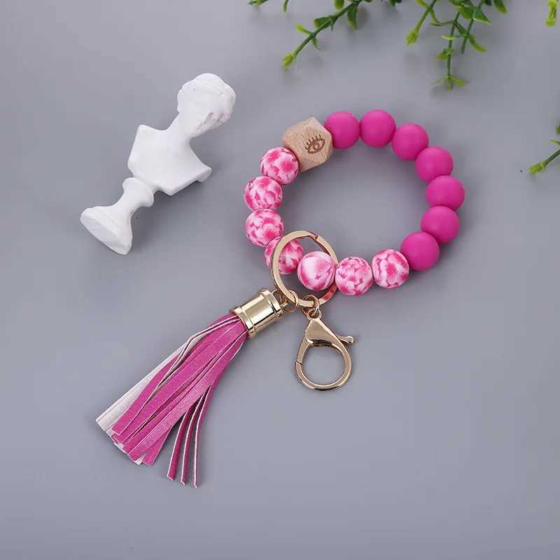 Colored Silicone Bead Bracelet PU Tassel Keychain Wristlet Bracelet Pendant Keychain Woman Man Jewelry Accessories Gifts W251021