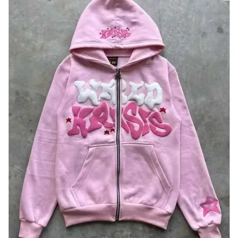 Zipper hooded sweatshirt with retro American letters and stars suitable for men and women Y2K jacket autumn d winter cardigan W251021