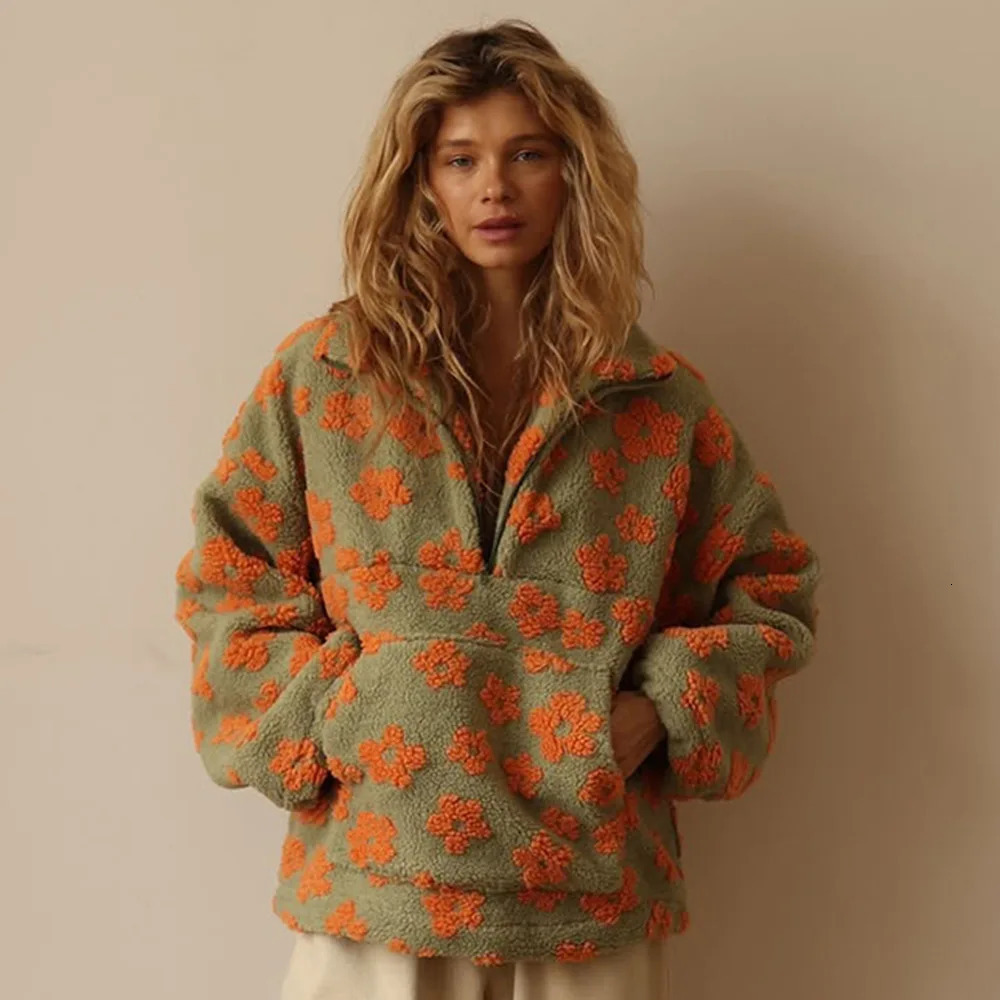 Bornladies Autumn Winter Womens Sherpa Floral Pullover Hoodies Half Zip Style Loose Fit Warm Stylish Sweatshirt 251017