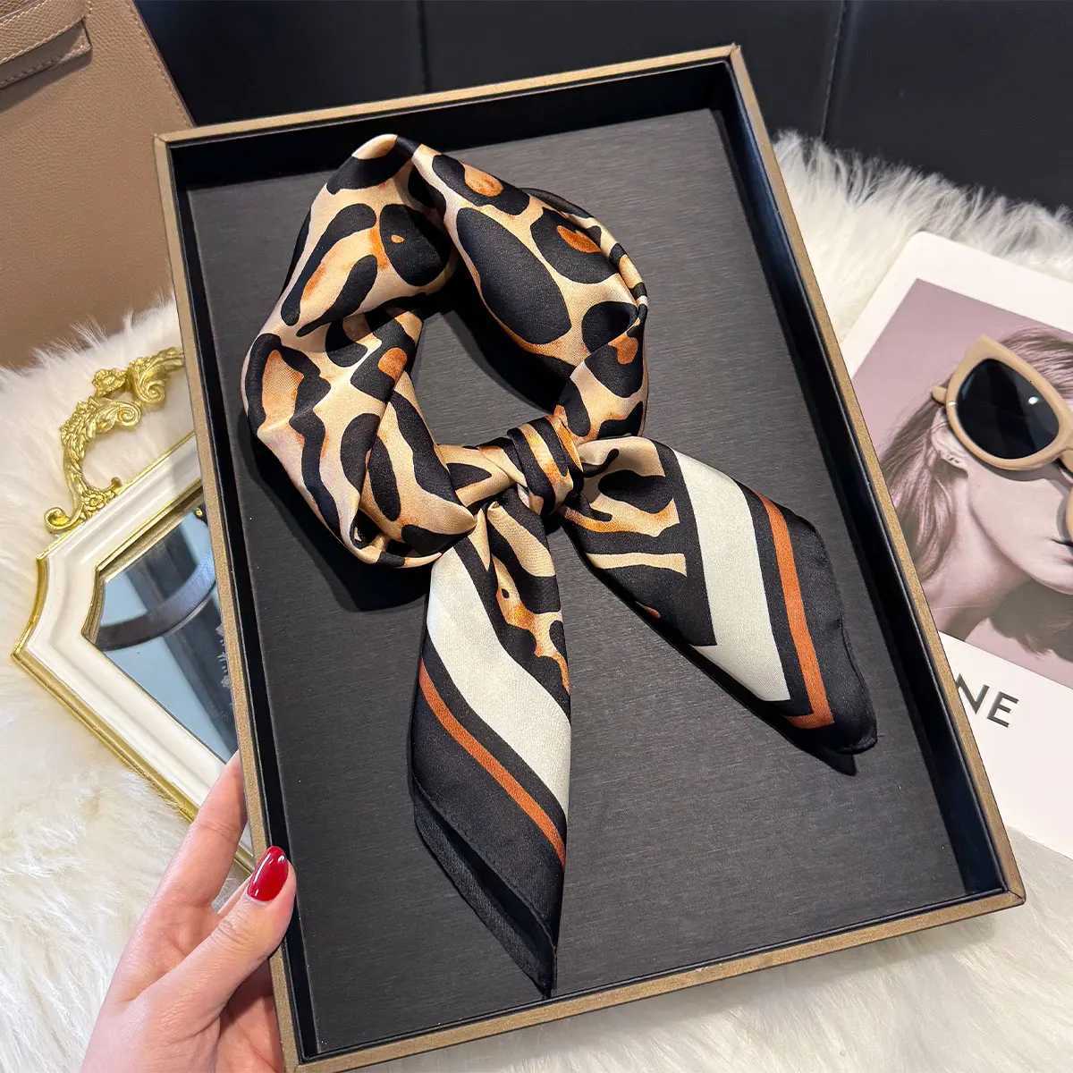 Luxury Leopard Print 7070cm Square Scarf Women Soft Satin Hairband Neckerchief Tie Female Headband Foulard Mothers Day Gift W251021