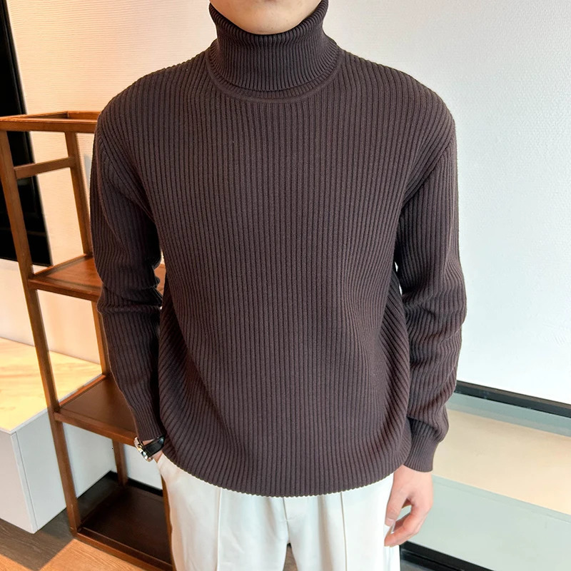Casual Pullover Men Knit Turtleneck Sweater Autumn Winter Jacquard Striped Solid Korean Fashion Streetwear Clothing 251016