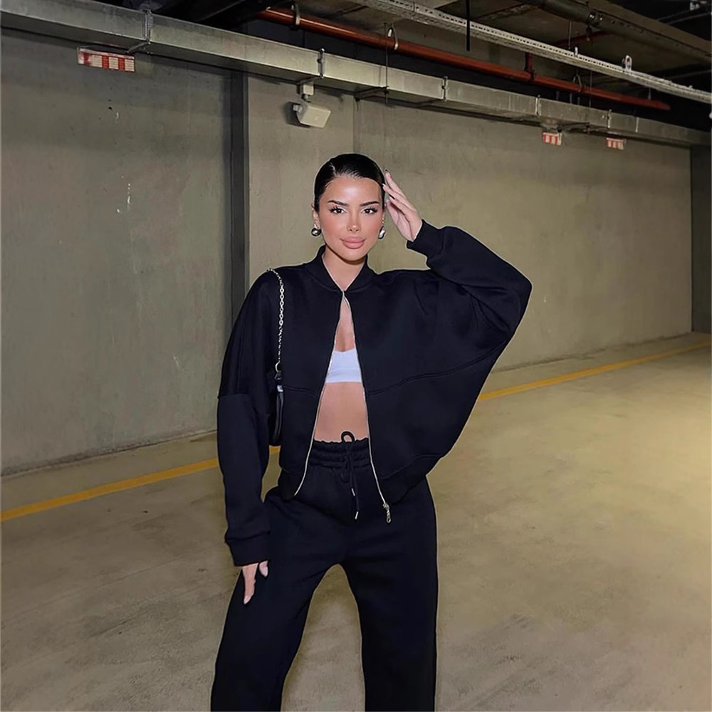 Women's Tracksuits Women Sweatsuit Set Vintage O-neck Zipper Bomber Jackets High Waist Loose Pants Suit Female 2025 winter Fashion Lady