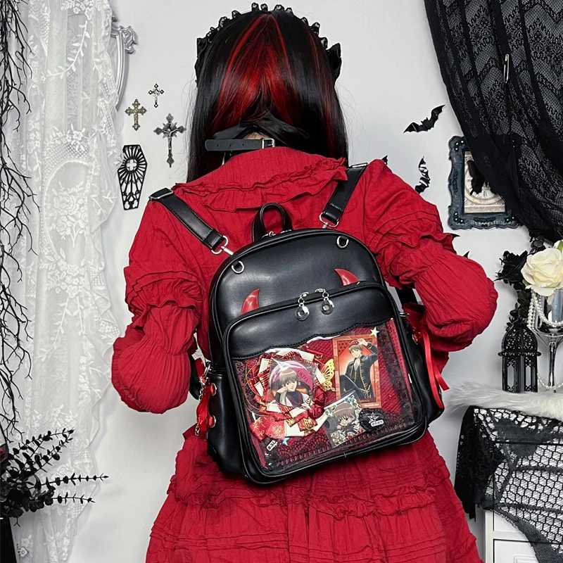 Large Capacity Gothic Ita Backpack Women Badge Display Clear Pocket Backpack Punk Female Daypack Cosplay 3 Ways Crossbody BagW251020