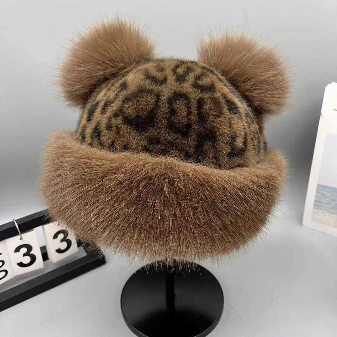 Leopard Print Plush Warm Hat for Women Autumn and Winter Faux Fur Windproof and Coldproof Thickened Warm Bucket Hat Fisherman Hat H251020