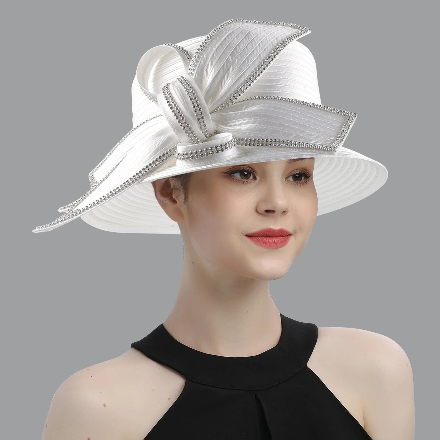 Deluxe White Church Hat Party Banquet Satin Cloth Pography Hats Premium Chains Formal Hat Flower Top Cap For Women Ladies 251016