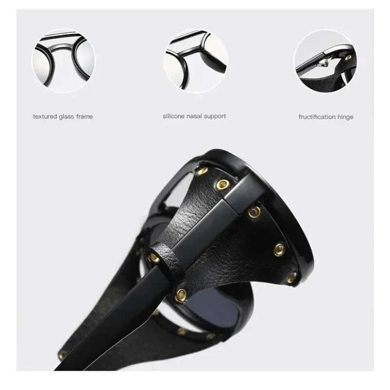 Steampunk Shields Sunglasses Men Women Classic SunGlasses With Side Leather Round Eyewear Pink UV400 Lens J251114