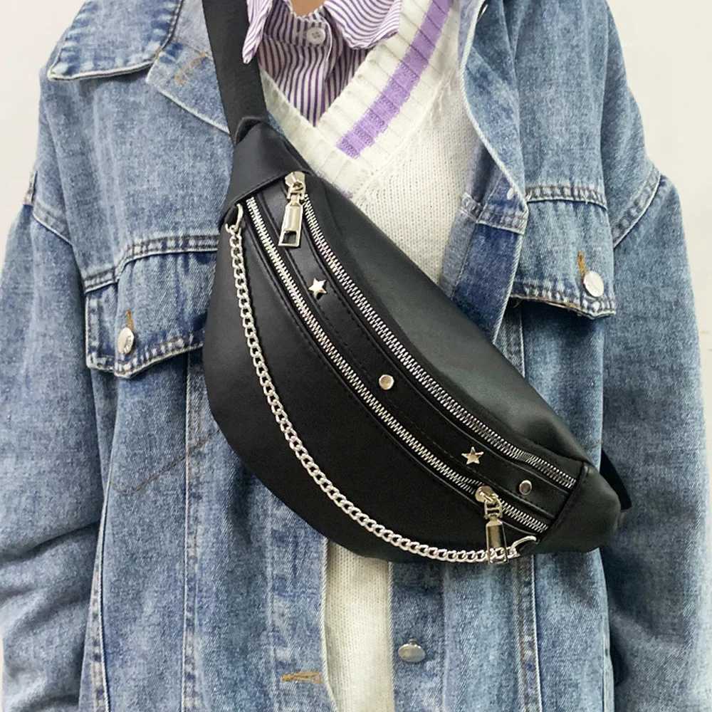 Cross body bag for women 2024 new PU waist bag punk chain rivet chest bag fashionable and trendy womens bag Z251021