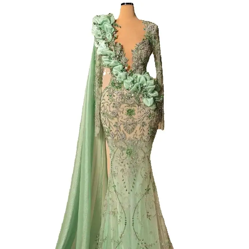 Fashion Mermaid Evening Dress Long Sleeve Prom Gowns V-Neck Beads Satin Sexy Prom Dress vestidos de novia Size Customized Robes De Mariee L252683