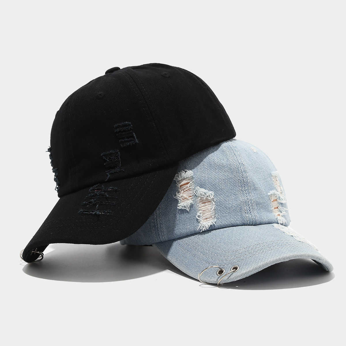 Womens Trendy Ring Denim Ripped Baseball Cap Mens Unique Street Performance Hiphop Duckbill Cap H251020