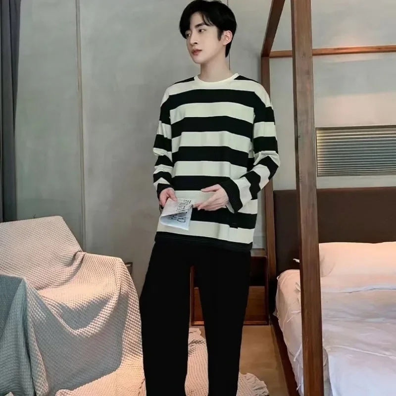 Striped Plus Size Men Pajamas Summer Long Sleeve Casual Sports Loose Black Round Neck TShirt and Long Pants TwoPiece Set 251021