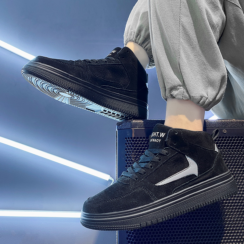 High-top shoes men's autumn and winter trends versatile casual platform shoes leather surface waterproof and non-slip work shoes