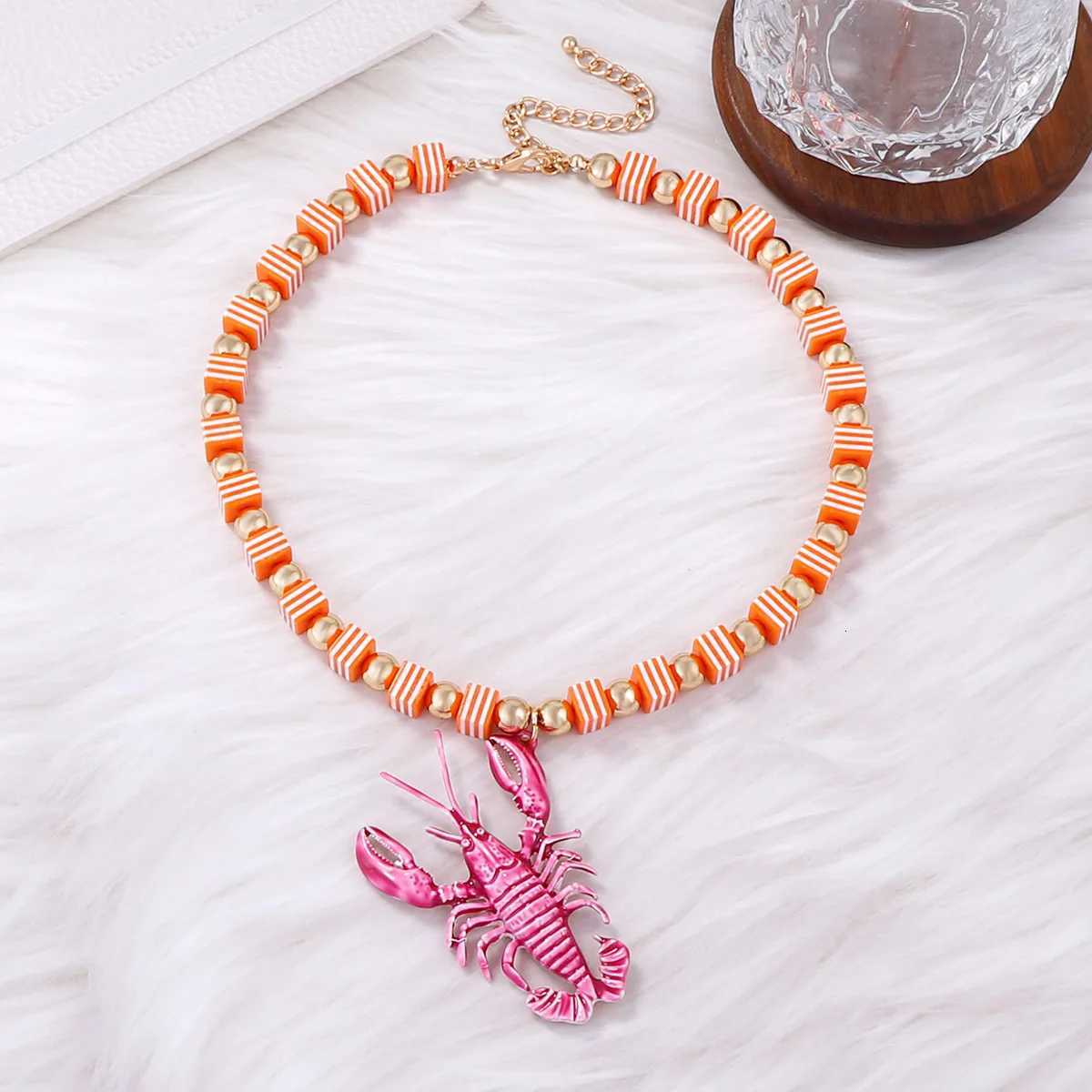Trendy Bohemian Beach Colorful Handmade Beaded Alloy Lobster Pendant Necklace XJ250717