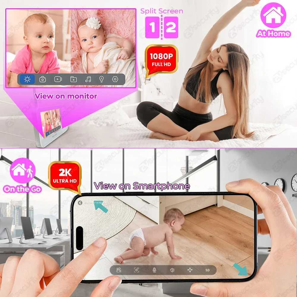 2K 3MP WiFi Baby Monitor with Two Camera SplitScreen Baby Phone via APP Control 43 IPS Screen Auto Tracking PTZ Baby Camera J251121