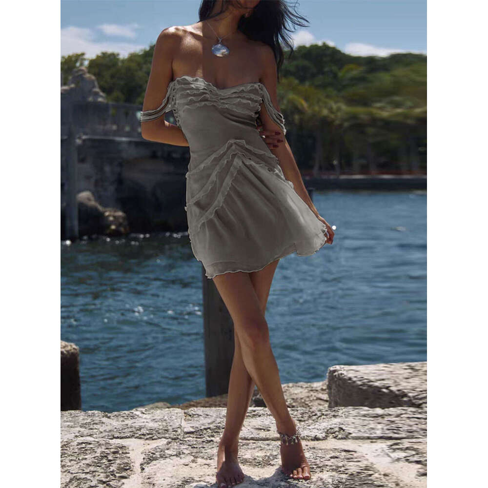 Women's Fashion Ins Mesh Slim Short Hot Girl Strapless Vacation Style Dress Summer