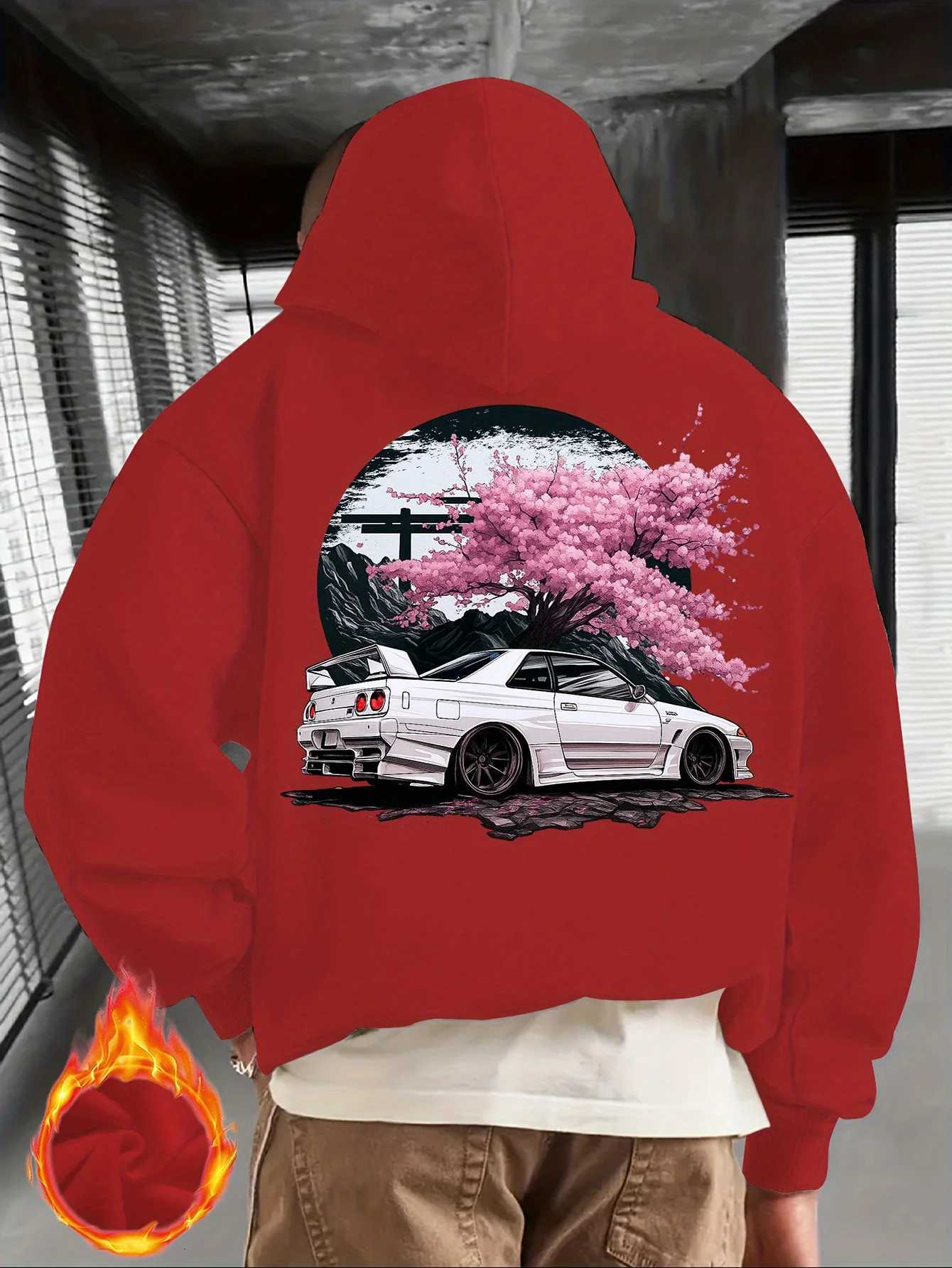 Mens Black Hoodie with White JDM Car and Pink Cherry Blossom Back Print Japanese Street Style Pullover W251021