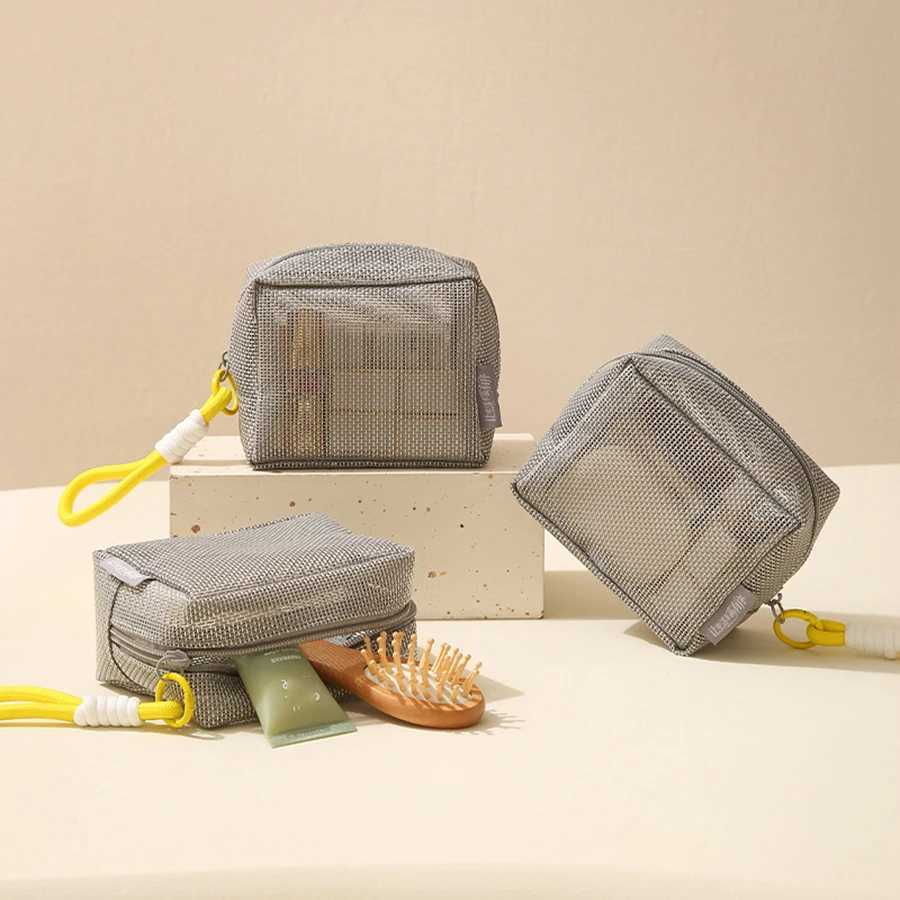 Portable Mesh Cosmetic Bag Grey Large Capacity Zipper Coin Purse with Handle Square Lipstick Key Storage PouchW251021