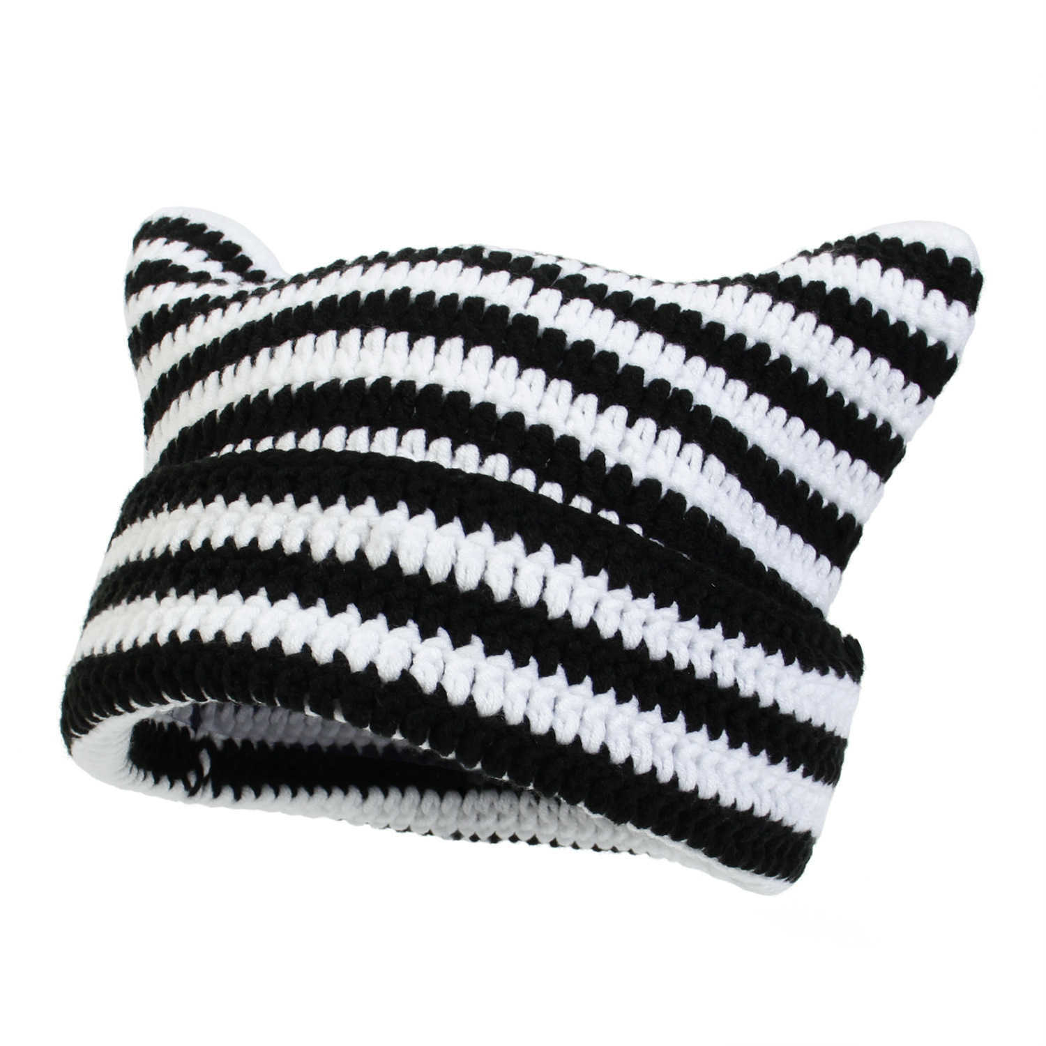 New Little Handmade Crochet Wool Hat Striped Hat Cute Cat Ears Casual Warm Hat H251020